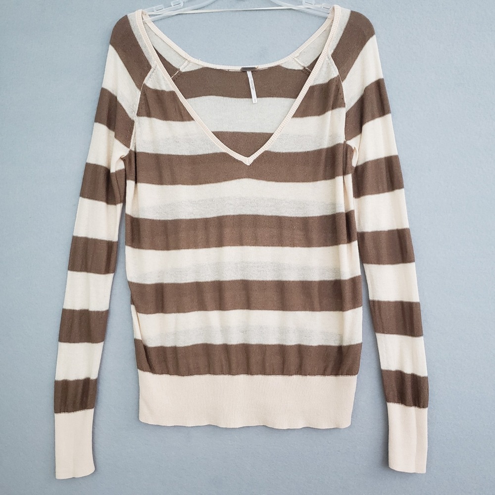 Free People Small Sweater Brown Cream Striped V-Neck Boho Earthy Coastal Grandma